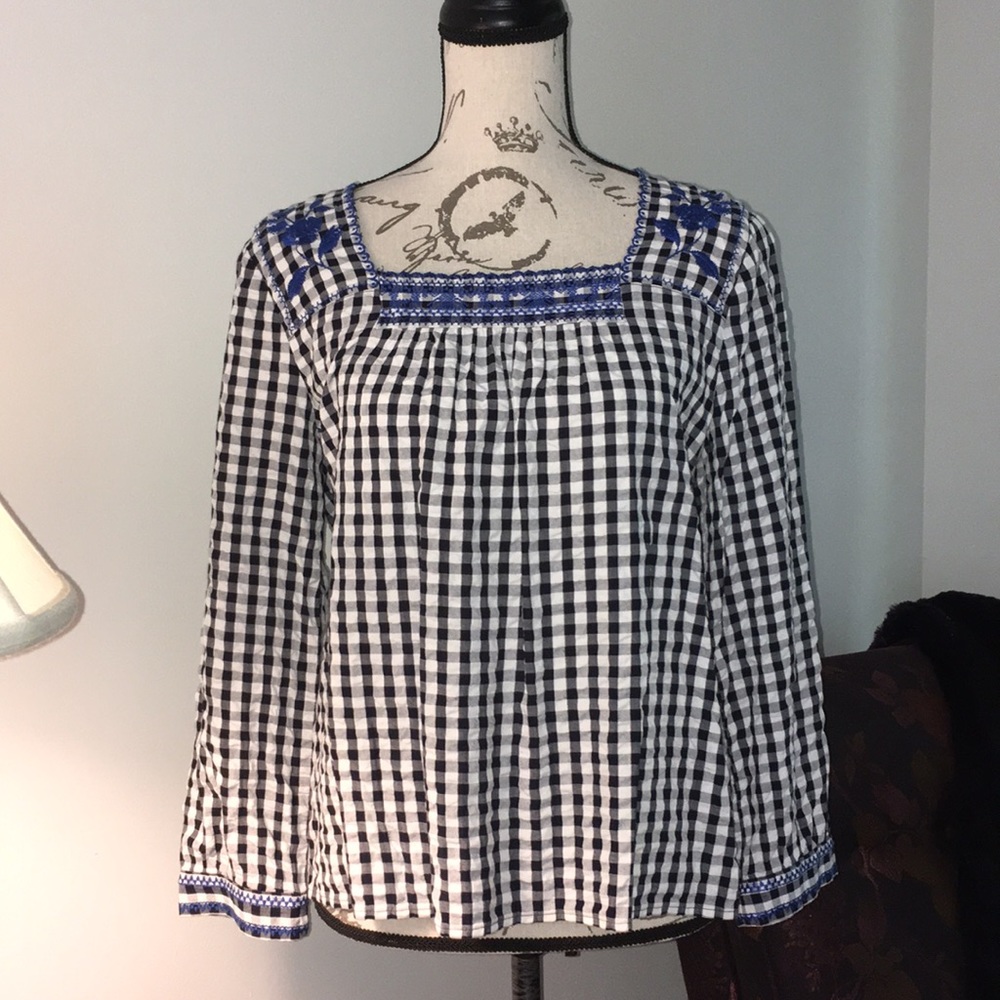 J. CREW NAVY AND WHITE GINGHAM PLAID TOP